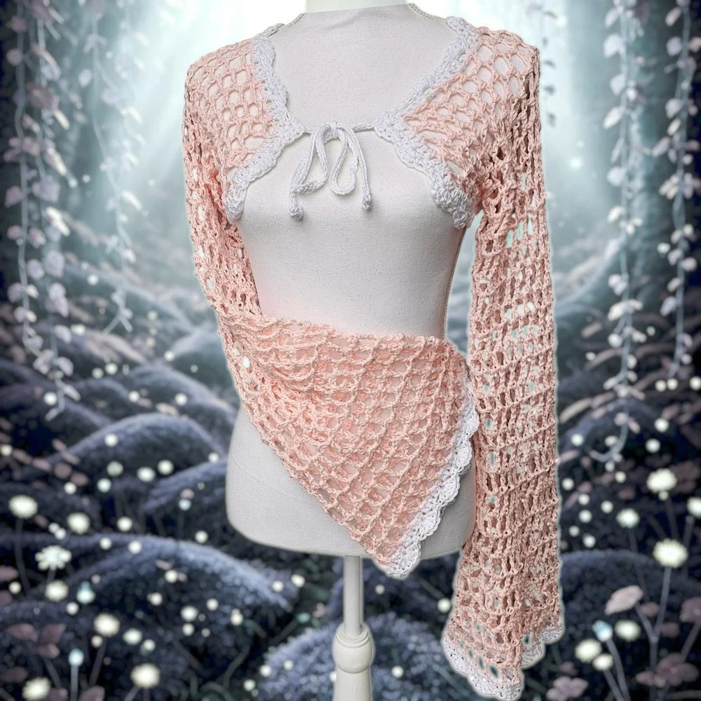 Handmade‎ Crochet Bell Sleeve Front Tie Summer Cardigan, Festival Bohemian Shrug